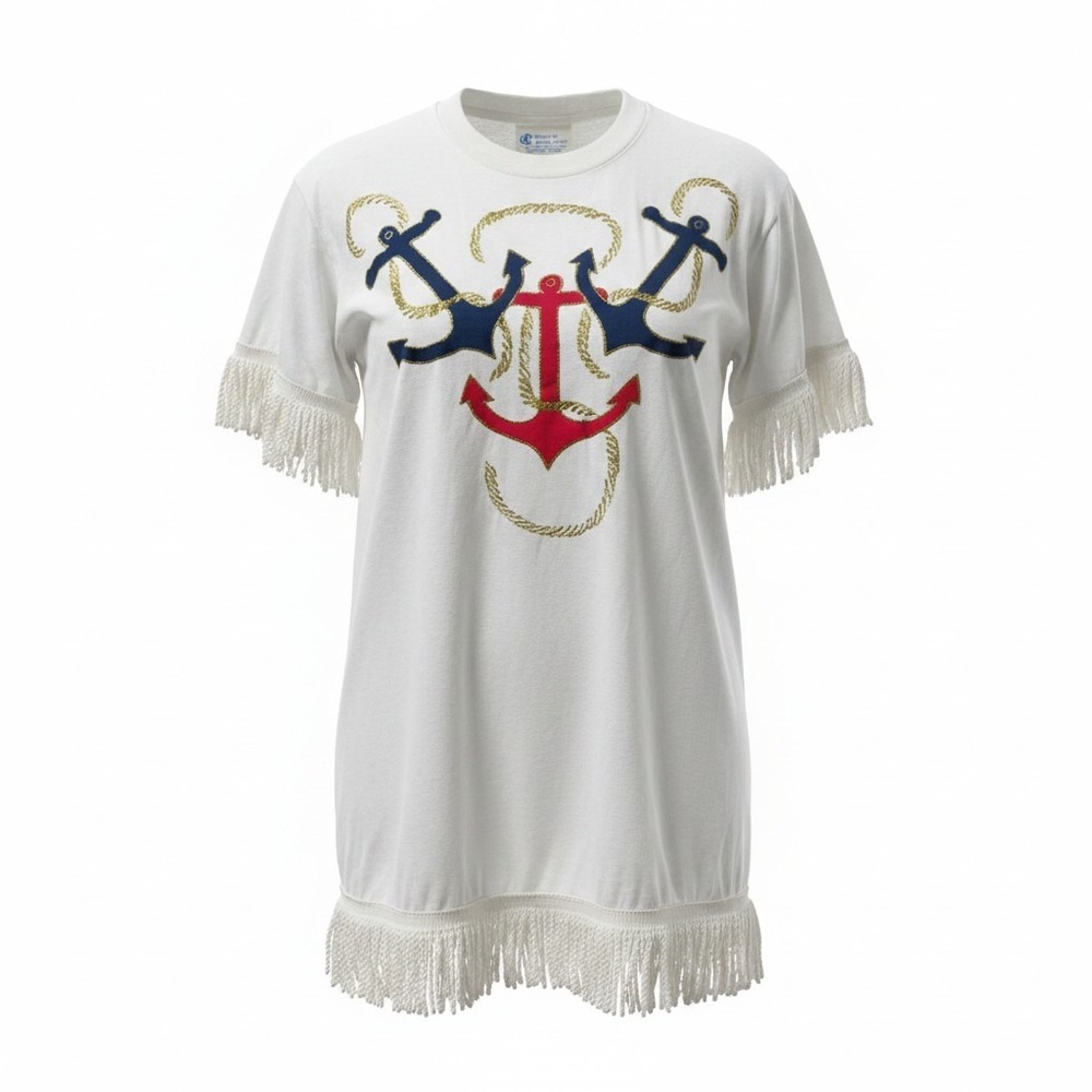 VGT Anchor Tee Women Large White Nautical Embroidered Star L 90s